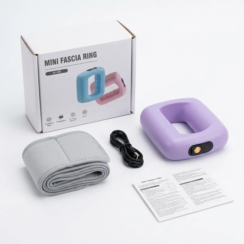 Contenido de la caja: anillo masajeador, cinturón, cable USB y manual