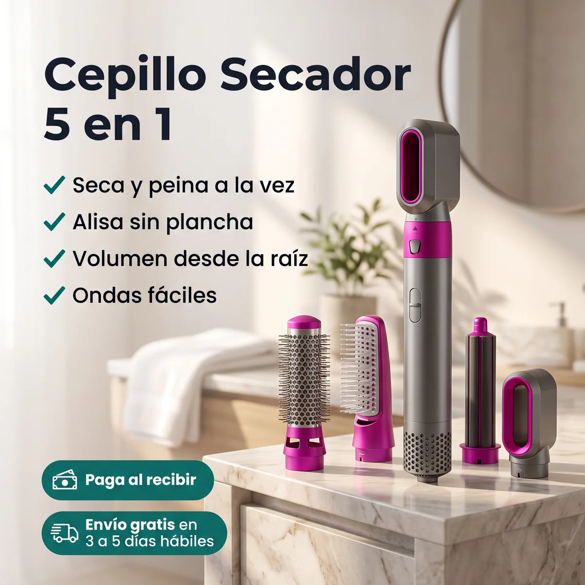 Cepillo secador 5 en 1 con sus cabezales: seca, alisa, da volumen y hace ondas