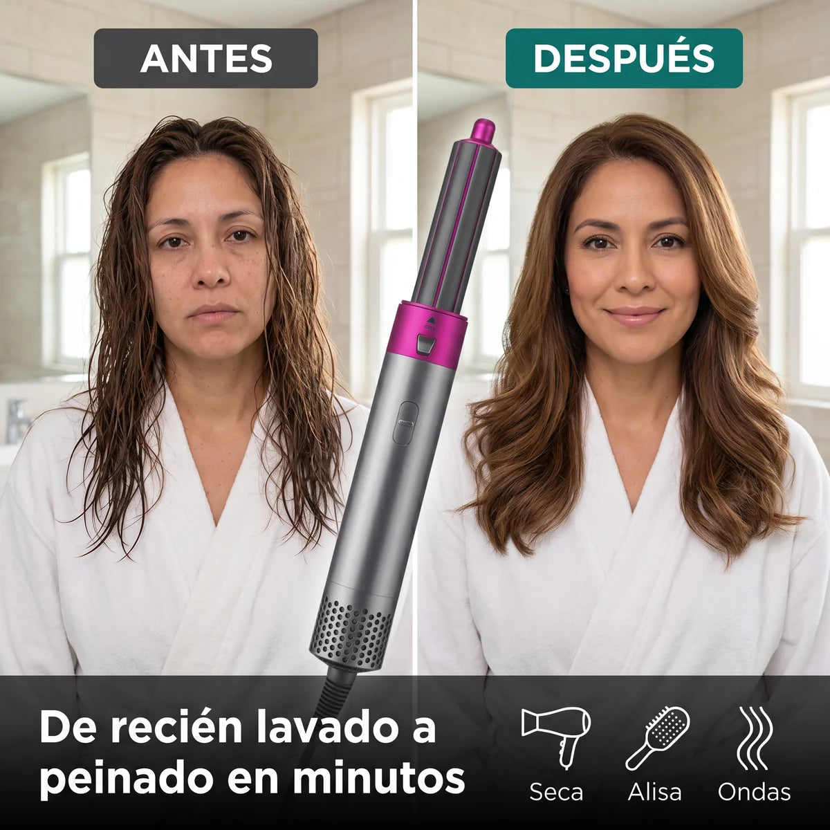 Antes y después de usar el cepillo secador 5 en 1