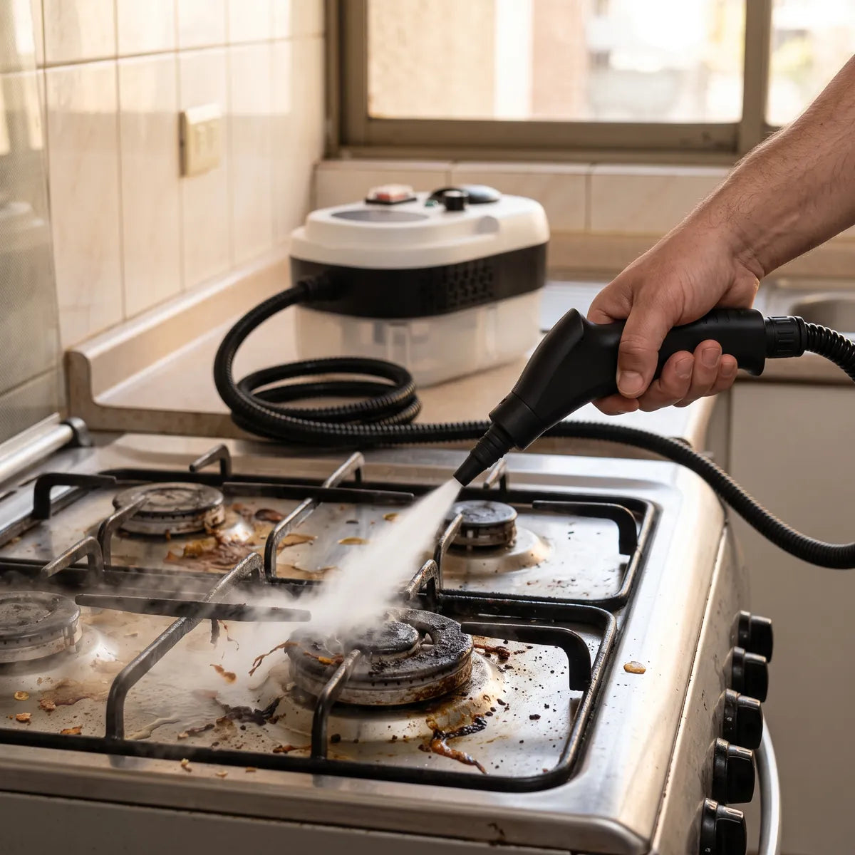 Limpiador a vapor soltando la grasa de los quemadores de la cocina