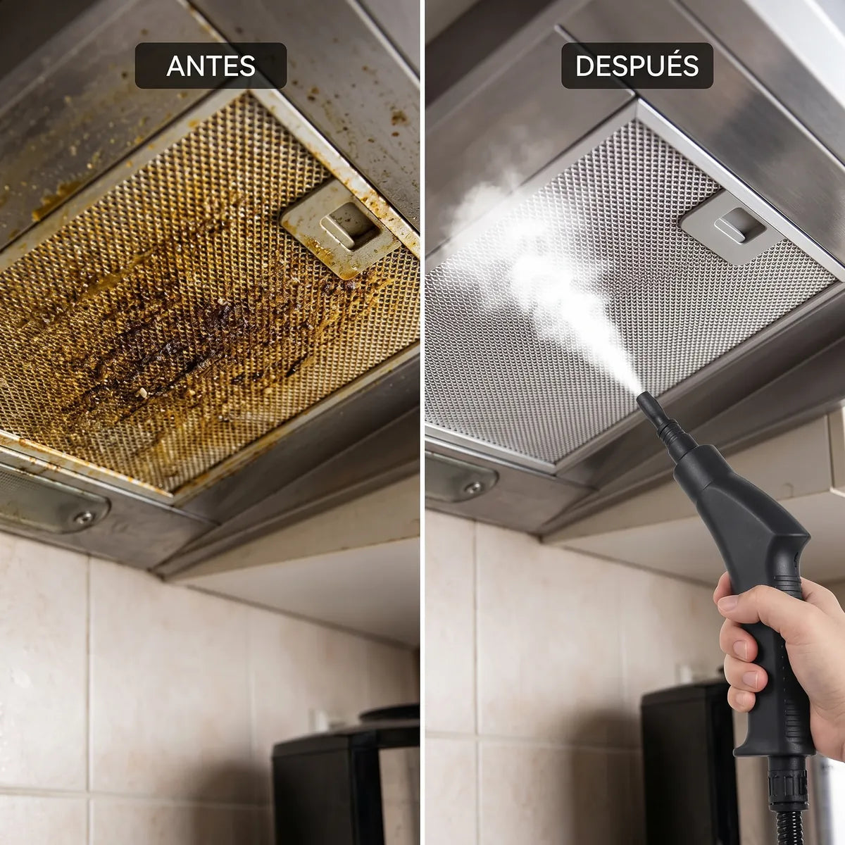 Filtro de la campana antes y después de limpiar con vapor