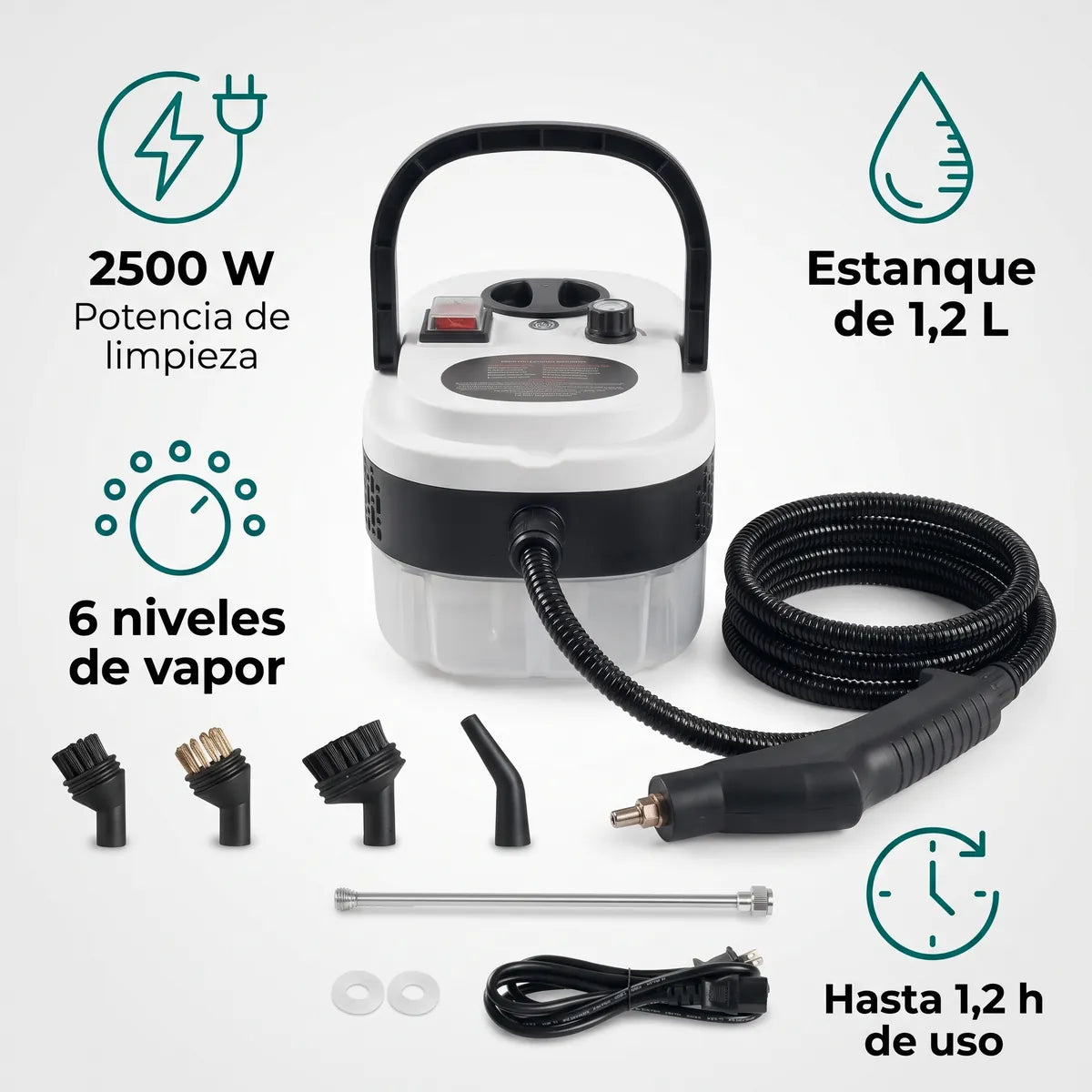 Especificaciones del limpiador a vapor: 2500 W, 1,2 L, 6 niveles
