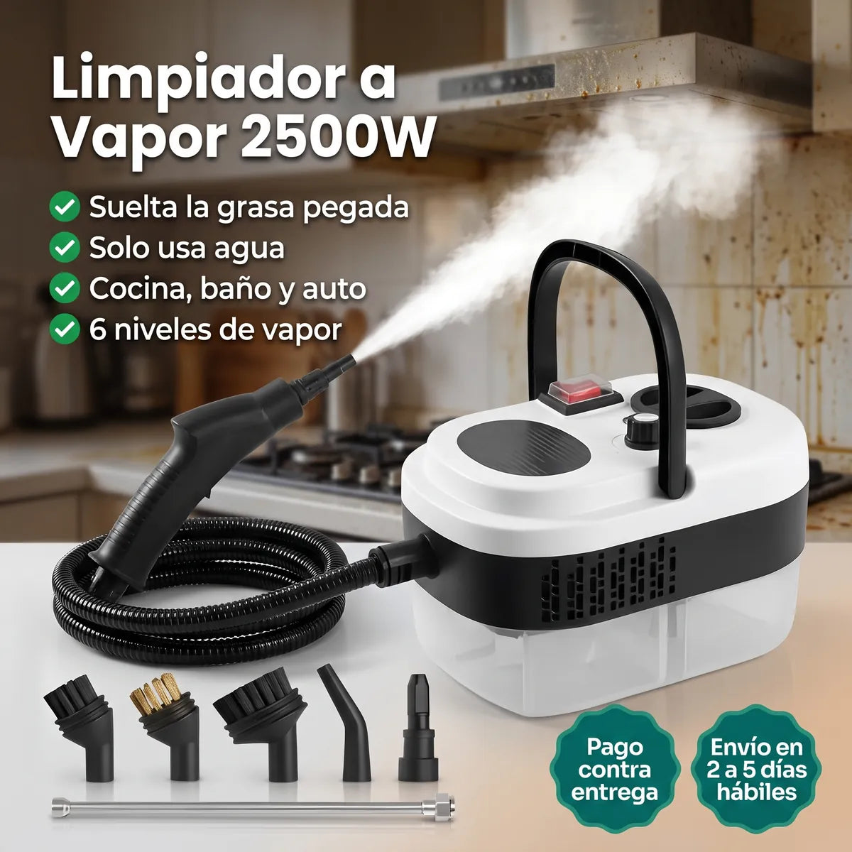 Limpiador a vapor 2500W con sus accesorios y beneficios