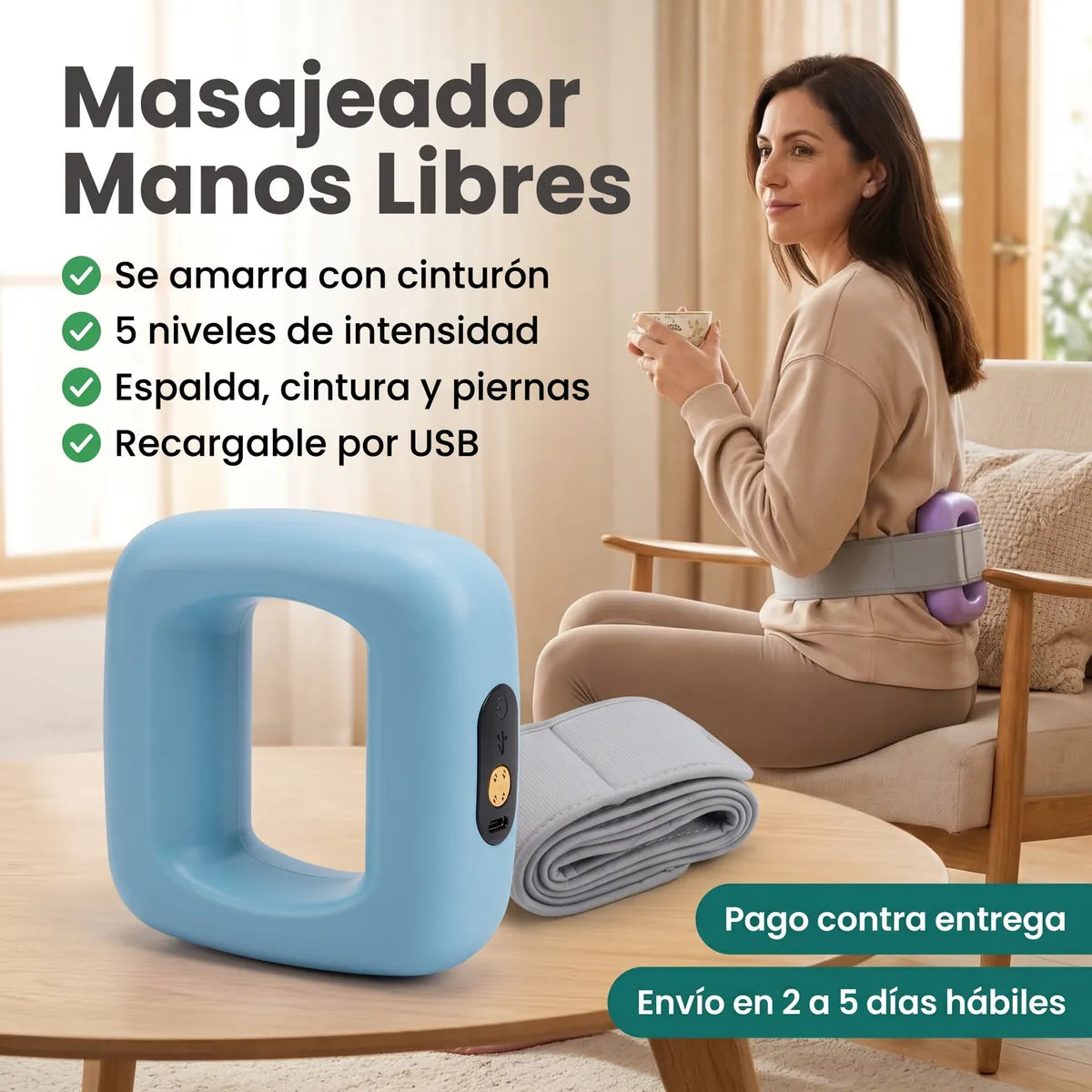 Masajeador Manos Libres: se amarra con cinturón, 5 niveles, recargable por USB