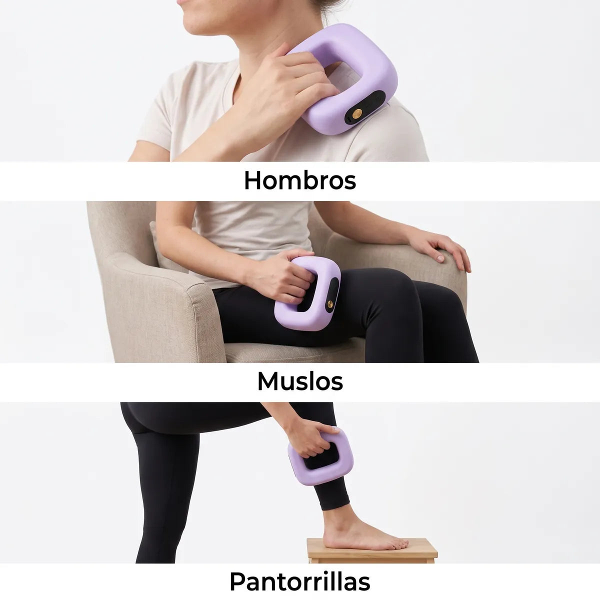 Uso del masajeador en hombros, muslos y pantorrillas
